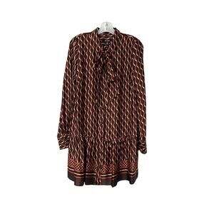 Satin Tie-Neck Long-Sleeve Shift Dress - Brown - 8